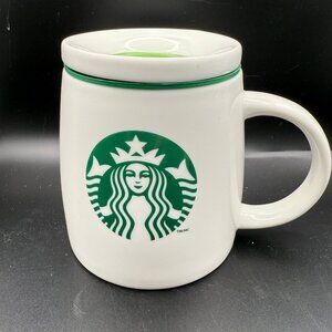 Starbucks 2011 16 oz White Ceramic Travel Mug Green Mermaid Green Silicone Lid